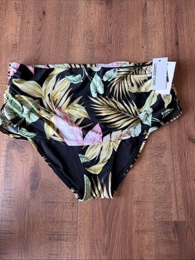 Lands' End Black Tropical Leaf High-Waist Bikini Bottoms size large
